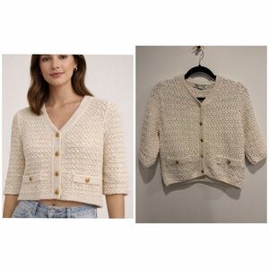 Zara Cream Textured Knit Cardigan Gold Button Cropped Size S